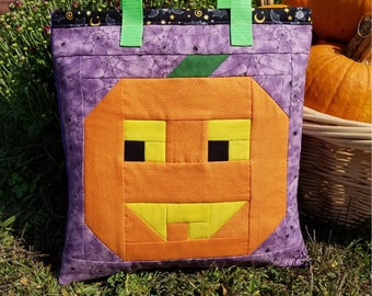 Jack o' Lantern Quilted Bag Trick-o-Treat Tote Bag Sew Fun® Sewing Pattern, PDF download, Pixel Quilt, Book Bag, Halloween, Pumpkin