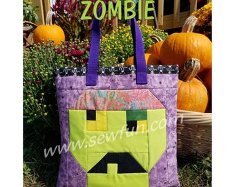 Zombie Quilted Bag Trick or Treat Tote Bag Sew Fun® Sewing Pattern, PDF download, Pixel Quilt, Book Bag, Halloween, Walking Dead