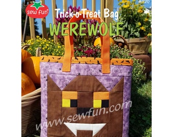 Werewolf Quilted Bag Trick-o-Treat Tote Bag Sew Fun® Sewing Pattern, PDF download , Pixel Quilt, Book Bag, Halloween Bag