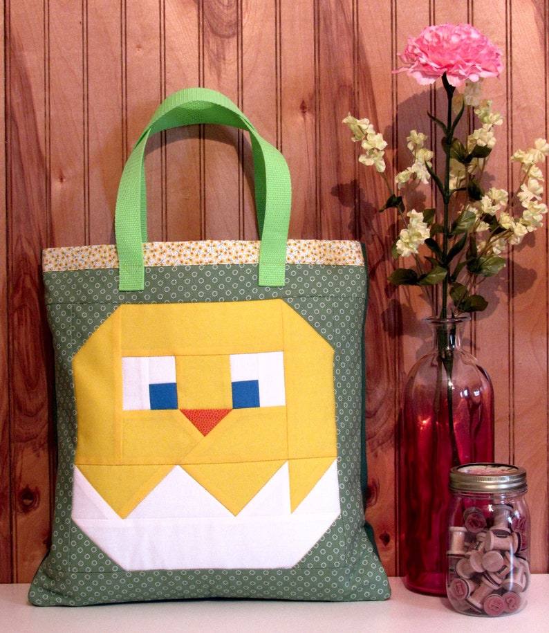 Spring Chick & Egg Tote Bag Sew Fun® Sewing Pattern, PDF download, Pixel Quilt, Book Bag image 1