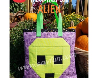 Alien Quilted Bag Trick-o-Treat Tote Bag Sew Fun® Sewing Pattern, PDF download, Pixel Quilt, Book Bag, Halloween, X-Files