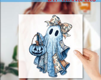 Patchwork Ghost Halloween DTF, Halloween Spooky DTF Transfer, Ghost Matching Pumpkin Halloween Tee, GF771