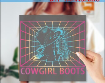 Retro Cowgirl Boots DTF Transfer, Y2K Western Aesthetic T-Shirt DTF Print, Country Rodeo Hat & Boot Design for Heat Press, GF675
