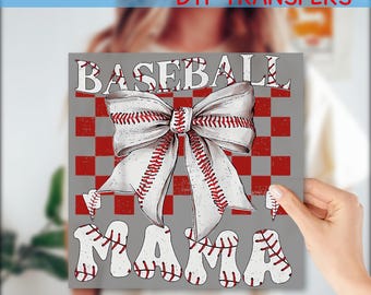 May include: Gray DTF transfer featuring a baseball bow design with red stitching and the words "BASEBALL MAMA". The background has a red and gray checkered pattern. Text at the top reads "READY TO PRESS DTF TRANSFERS" and at the bottom "Custom DTF".