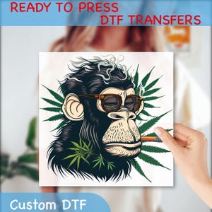 May include: A square DTF transfer featuring a cartoon chimpanzee wearing sunglasses and smoking a lit cigarette. The chimp is surrounded by green cannabis leaves. The text "READY TO PRESS DTF TRANSFERS" and "Custom DTF" are displayed.