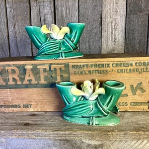 Enesco Lotus Flower on Green Bamboo Twin Candlestick Holder 1950’s set of 2