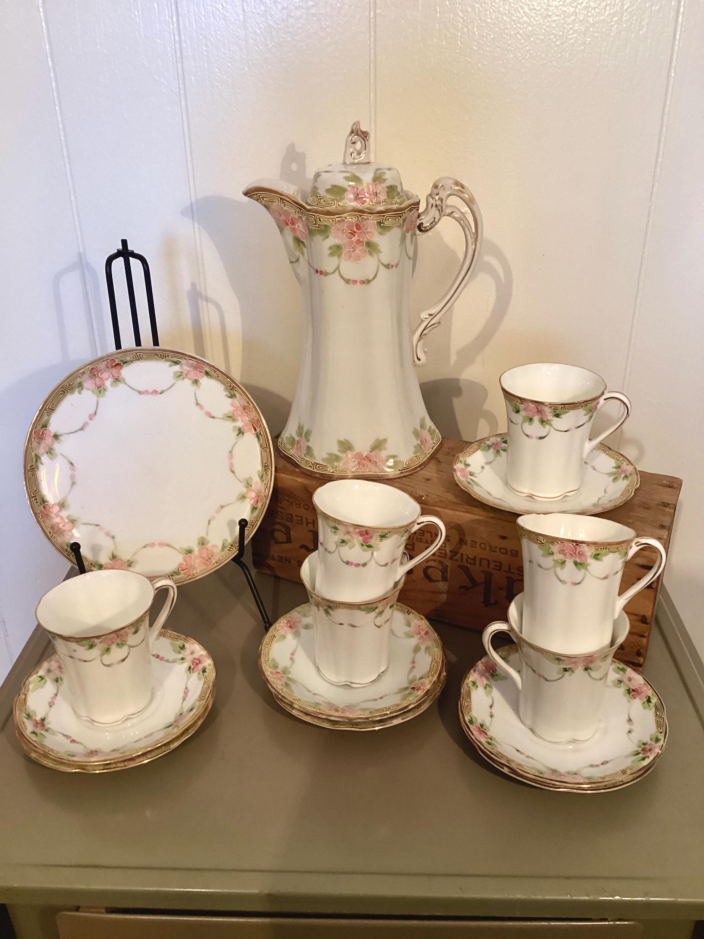 Antique Nippon Hot Chocolate Set, Hand Painted Floral Tea Service