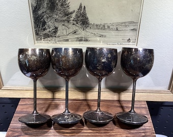 Silver Plated Rustic Tarnished Wine Goblets, Spanish Footed Vintage Barware, Aged Stemmed Wine Chalices