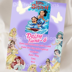 Pack Stitch, Lilo, Princesse | Faire-part d'anniversaire numérique | Faire-part d'anniversaire pour enfants | Invitation électronique | Invitation numérique | carte d'invitation | Anniversaire fille
