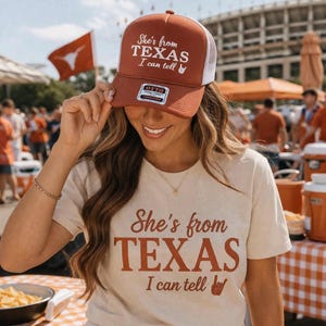 Texas Girl Shirt, Game Day Shirt Women, She’s From Texas Tee, College Football Outfit, Southern Graphic Tee, Burnt Orange Shirt image 4