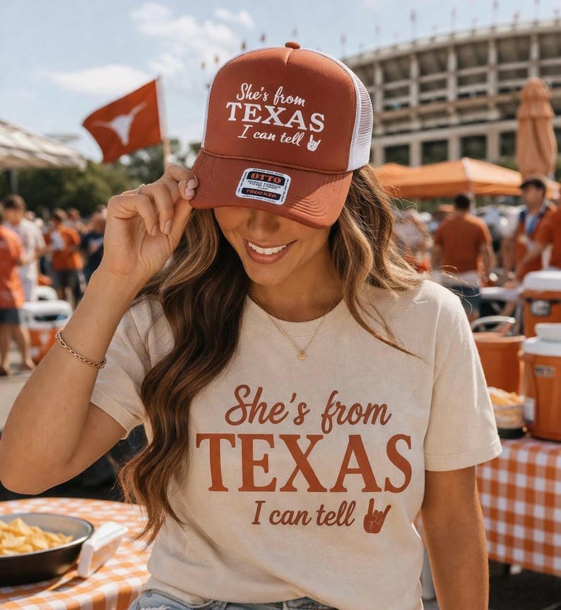 Texas Girl Shirt, Game Day Shirt Women, She’s From Texas Tee, College Football Outfit, Southern Graphic Tee, Burnt Orange Shirt image 4