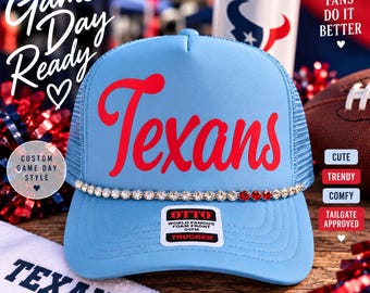 Texans Inspired Trucker Hat, Columbia Blue & Red Rivalry Colors, Rhinestone Game Day Hat, Houston Football Tailgate Hat, Women’s Trucker Cap