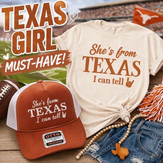 Texas Girl Shirt, Game Day Shirt Women, She’s From Texas Tee, College Football Outfit, Southern Graphic Tee, Burnt Orange Shirt