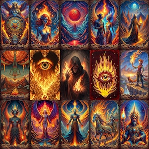 Tarocchi stampabili, mazzo di tarocchi del fuoco, set completo, digitale, 78 carte + 3 copertine per carte, PNG di alta qualità, pacchetto di arte dei tarocchi