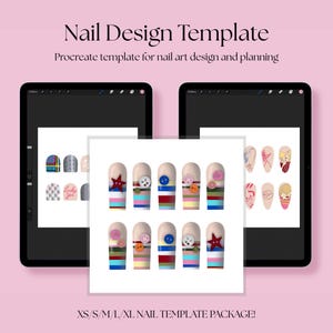May include: Two digital tablets displaying a nail design template. The template features various nail art designs, including button and star accents, and text that reads "Nail Design Template" and "XS/S/M/L/XL NAIL TEMPLATE PACKAGE!"