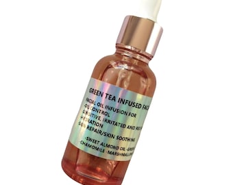 Huile apaisante pour le visage pour peau sensible - Thé vert, infusion de camomille | Hydratation et soulagement des rougeurs | Huile faciale à base de plantes bio