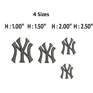 May include: Four embroidered gray "NY" logos in various sizes: 1.00", 1.50", 2.00", and 2.50" high. The logos are displayed against a white background. The text "4 Sizes" is above the logos.