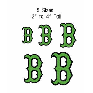 May include: Five green and black embroidered letter "B" patches in various sizes, ranging from 2 to 4 inches tall. The patches are displayed on a white background. Text above the patches reads "5 Sizes".