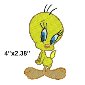 May include: A yellow cartoon bird with blue eyes and a black beak. The bird is standing on two feet and has its wings folded. The bird is 4 inches tall and 2.38 inches wide.