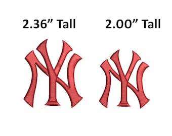 May include: Two red embroidered "NY" logos, one 2.36 inches tall and the other 2.00 inches tall. The logos are in a classic script style, with the letters overlapping. The background is plain white.