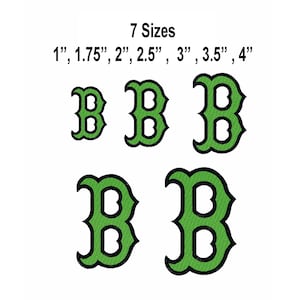 May include: Five embroidered letter B patches in varying sizes, featuring bright green thread with a thick black border. The text above reads 7 Sizes 1 inch, 1.75 inches, 2 inches, 2.5 inches, 3 inches, 3.5 inches, 4 inches.
