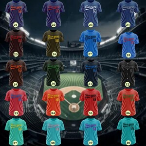 May include: Forty baseball jerseys with different colored stripes and numbers. The jerseys have the text "Team name" and the number "66" on the front.