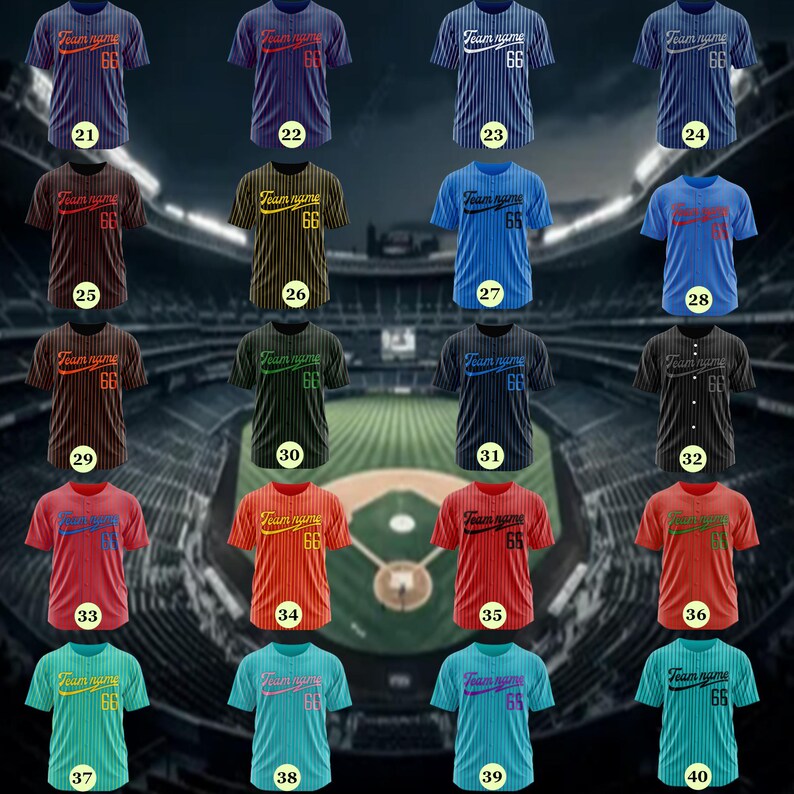 May include: Forty baseball jerseys with different colored stripes and numbers. The jerseys have the text "Team name" and the number "66" on the front.