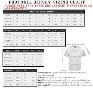 May include: A chart showing sizing information for football jerseys in different sizes for men, women, boys, and preschoolers. The chart includes measurements for chest, hips, waist, and length in inches.