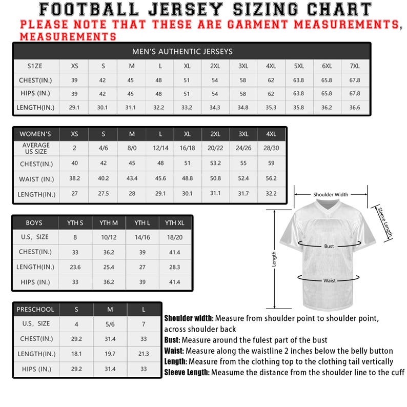 May include: A chart showing sizing information for football jerseys in different sizes for men, women, boys, and preschoolers. The chart includes measurements for chest, hips, waist, and length in inches.