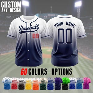 May include: A white baseball jersey with a blue and white ombre design. The front of the jersey has the word "Baseball" in a red and blue script font with the number "88" in red. The back of the jersey has the text "Your Name" in black with the number "00" in white. The jersey is shown against a baseball field background.