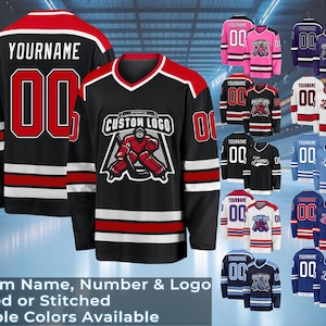 May include: Black hockey jersey with red and white accents. The jersey features a custom logo, name, and number. Multiple color options are available. The text "Custom Name, Number & Logo Printed or Stitched Multiple Colors Available" is at the bottom.