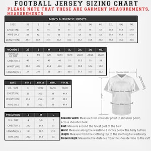 May include: Football jersey sizing chart with measurements for men, women, boys, and preschool sizes. Includes chest, hips, and length measurements in inches. A diagram illustrates how to measure shoulder width, bust, waist, and sleeve length.