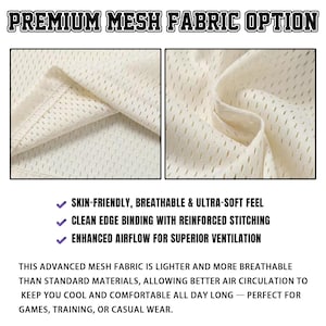 May include: Close-up of a cream-colored mesh fabric with the text "PREMIUM MESH FABRIC OPTION". The fabric is skin-friendly, breathable, and ultra-soft. It has clean edge binding with reinforced stitching and enhanced airflow for superior ventilation.