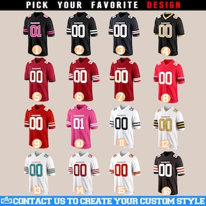 May include: A selection of 16 different football jersey designs. The jerseys are in various colors, including black, white, red, pink, green, and gold. Each jersey has a number and the word "TEAMNAME" on the front.