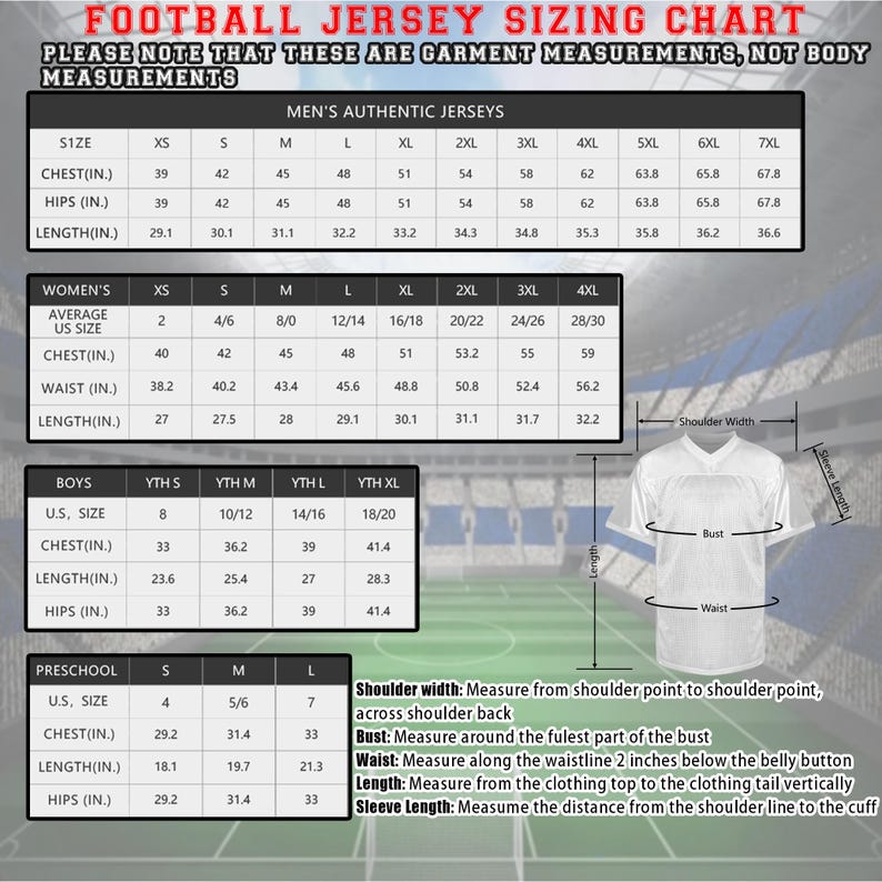 Pu&ograve; includere: Una tabella di taglie per maglie da calcio con misure in pollici per taglie da uomo, donna, bambino e scuola materna. La tabella include misure di petto, fianchi, vita e lunghezza.