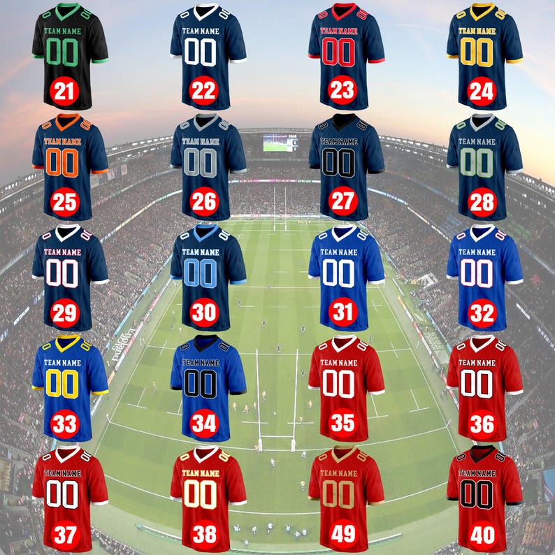 May include: A collection of football jerseys in various colors, including black, navy, red, and blue. Each jersey features the number "00" and the text "TEAM NAME". The jerseys are displayed against a stadium background.