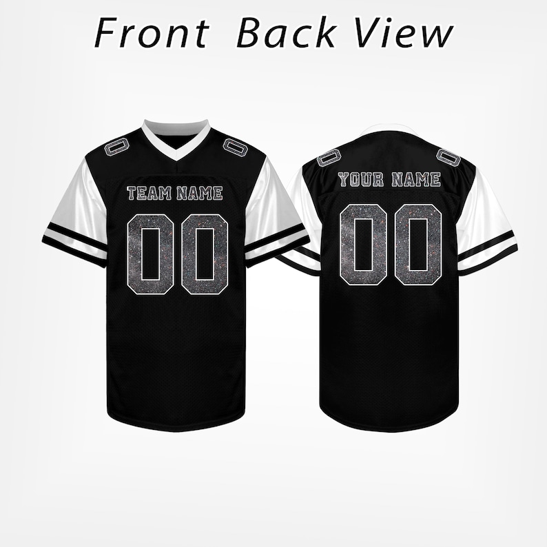 May include: Black and white football jersey with the text "TEAM NAME" and "00" on the front, and "YOUR NAME" and "00" on the back. The jersey has white sleeves with black stripes and a V-neck collar. The text "Front Back View" is at the top.