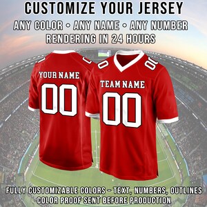 May include: Two red football jerseys with white accents and numbers. One jersey says "YOUR NAME" and the other says "TEAM NAME". The jerseys are displayed against a stadium background. The text "CUSTOMIZE YOUR JERSEY" is at the top.