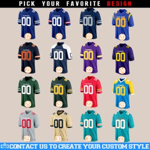 May include: A selection of 12 different football jersey designs with various colors and numbers. The jerseys are all in a grid format and have the text "TEAM NAME" on the front.