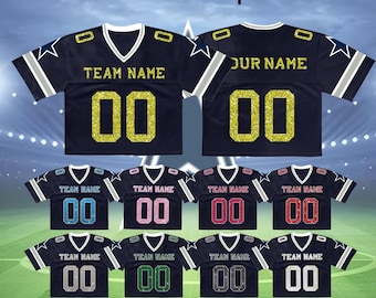 Custom Sequin Football Crop Top for Women Navy and Silver Cheerleader Jersey Game Day Shirt Personalized Team Outfit Sporty Fan Apparel