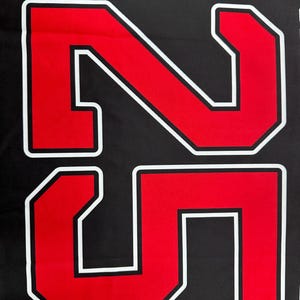 May include: Close-up of a black fabric with the number "25" prominently displayed. The numbers are red with a white border and a black outline, creating a bold, eye-catching design. The image is a close-up, focusing on the details of the numbers.