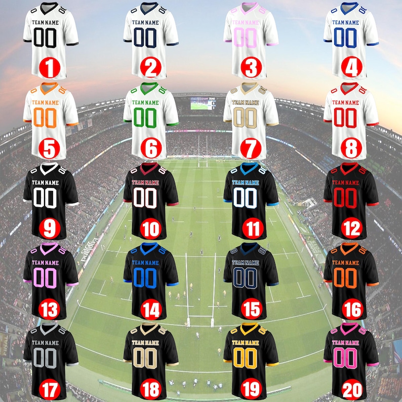 May include: Assortment of twenty football jerseys, each with a unique color scheme. The jerseys display the text "TEAM NAME" above the number "00". The jerseys are white, black, pink, blue, orange, green, gold, and red.