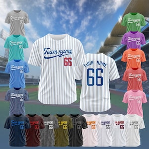 May include: A collection of baseball jerseys in various colors with white stripes. The jerseys have the text "Team name" and the number "66" on the front. One jersey has the text "Your name" and the number "66" on the back.