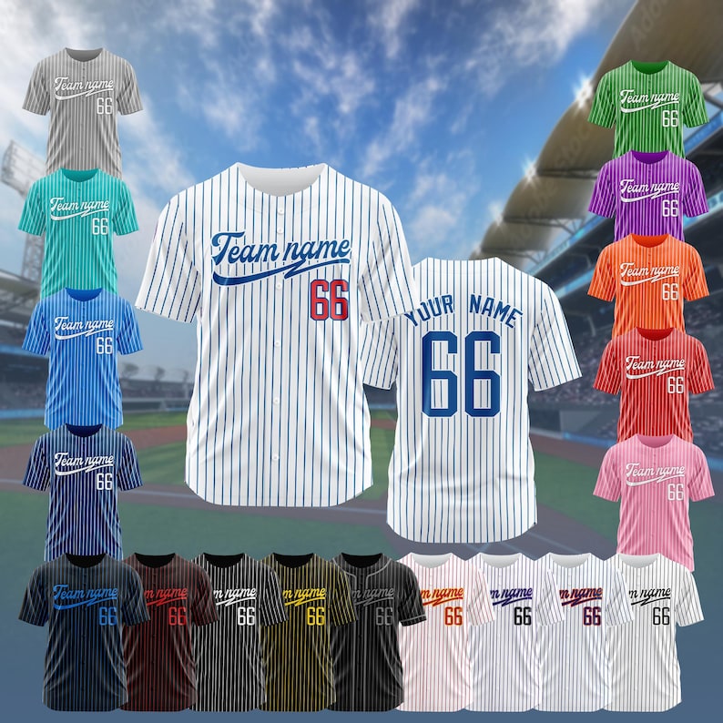 May include: A collection of baseball jerseys in various colors with white stripes. The jerseys have the text "Team name" and the number "66" on the front. One jersey has the text "Your name" and the number "66" on the back.