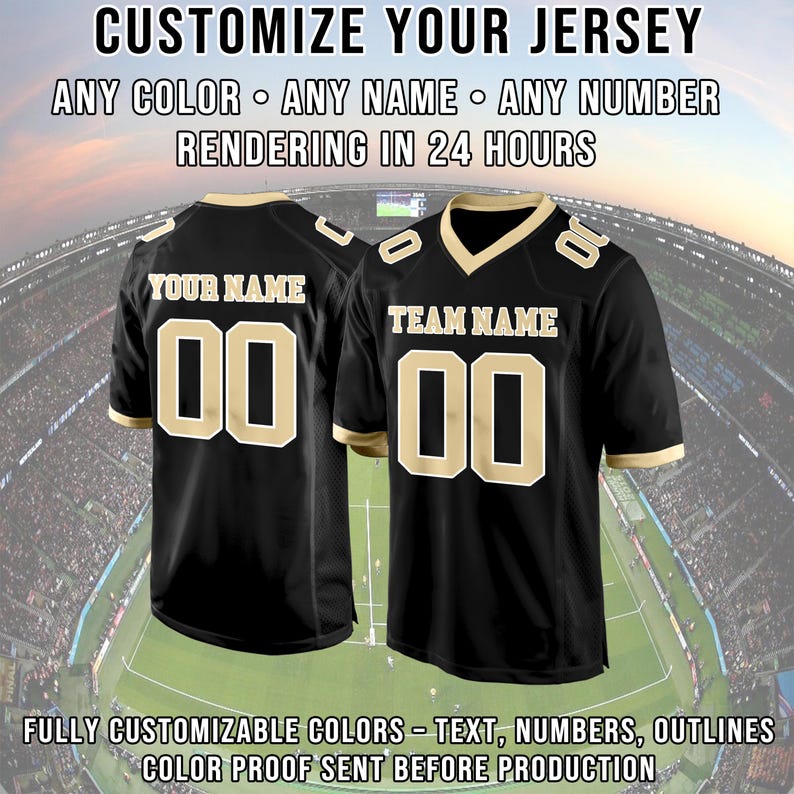 May include: Two black football jerseys with gold accents. One jersey reads "YOUR NAME" and the other reads "TEAM NAME". Both jerseys have the number "00". The text "CUSTOMIZE YOUR JERSEY" and other details are at the top and bottom of the image.