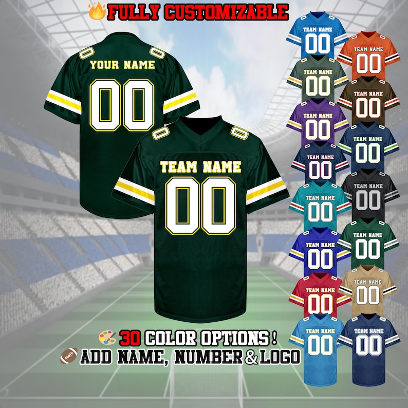 Pu&ograve; includere: Una maglia da calcio personalizzabile con uno schema di colori verde e giallo. La maglia ha un numero bianco "00" sul davanti e il testo "TEAM NAME" sopra il numero. La maglia &egrave; completamente personalizzabile con 30 opzioni di colore, e puoi aggiungere il tuo nome, numero e logo.