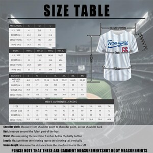 May include: Size chart for baseball jerseys with measurements in inches for chest, length, waist, and hips. The chart includes sizes for preschool, boys, women, and men's authentic jerseys. The chart also includes a diagram of a baseball jersey with labels for shoulder width, bust, waist, and sleeve length.