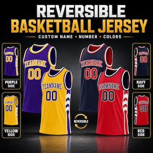 Custom Reversible Basketball Jersey, Personalized Team Name Number, Double Sided Sublimation Jersey for Adult Youth Kids Team League Club