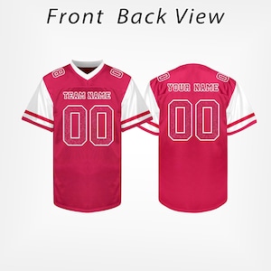 May include: A front and back view of a red football jersey with white sleeves and trim. The jersey has the number "00" on the front and back, with space for "TEAM NAME" and "YOUR NAME" above the numbers.