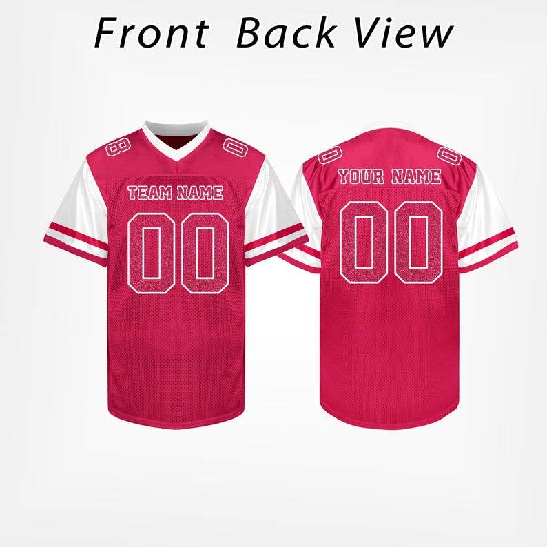 May include: A front and back view of a red football jersey with white sleeves and trim. The jersey has the number "00" on the front and back, with space for "TEAM NAME" and "YOUR NAME" above the numbers.